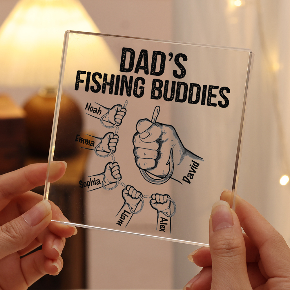 6 Names - Personalised Fishhook Fist Bump Pattern Family Acrylic Keepsake Customized Name Acrylic Home Decor Gift for Dad