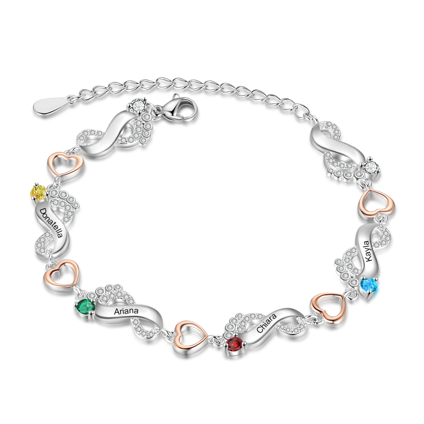 Personalised Baby Feet Bracelet Custom 4 Birthstones Set With Rose Gift Box Heart Bracelet Gifts For Women