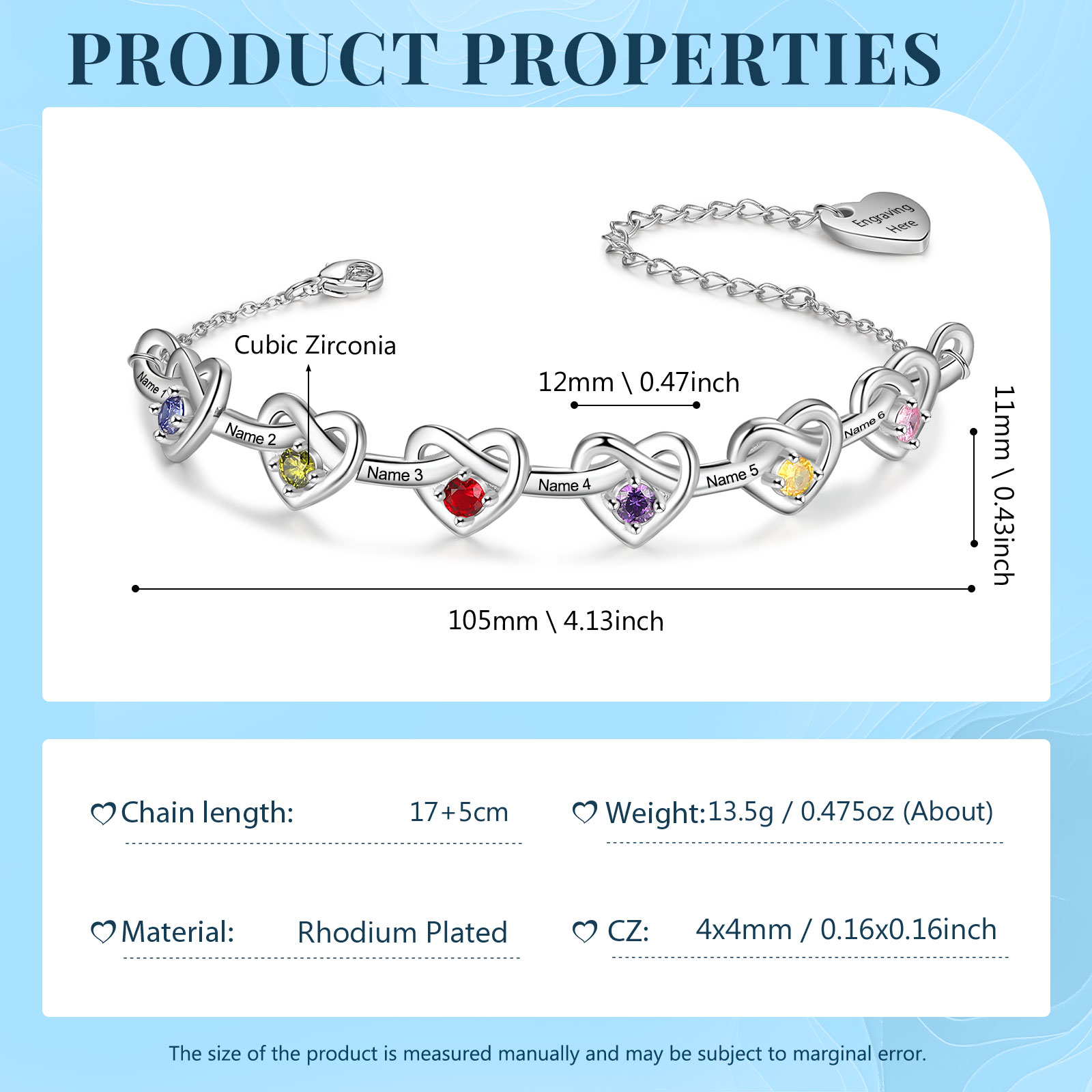 6 Names-Personalized Linked Heart Bracelet With 6 Birthstones Engraved Names And Text Bangle For Her