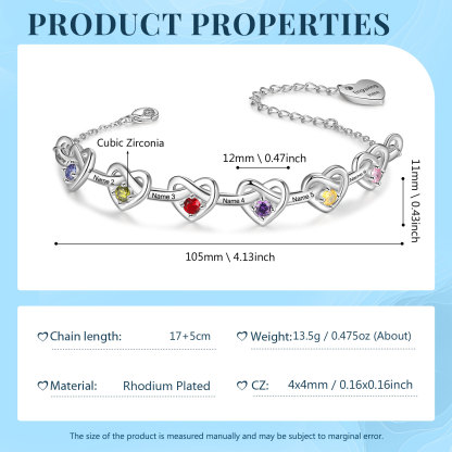 6 Names-Personalized Linked Heart Bracelet With 6 Birthstones Engraved Names And Text Bangle For Her