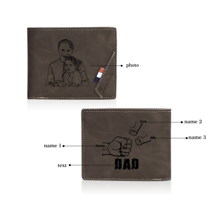 3 Names - Personalised Fist Bump Photo Custom Leather Men's  Wallet as a Father's Day Gift for Dad