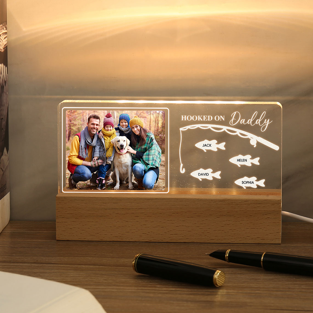 4 Names - Personalised Photo Fishing Pattern Desk Lamp Father's Day Gift For Dad