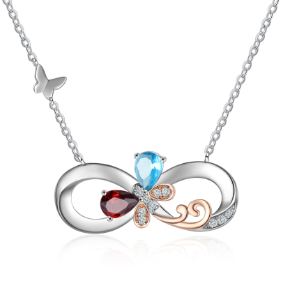 Personalised Infinity Butterfly Necklace With 2 Birthstones Engraved Names Gift For Women