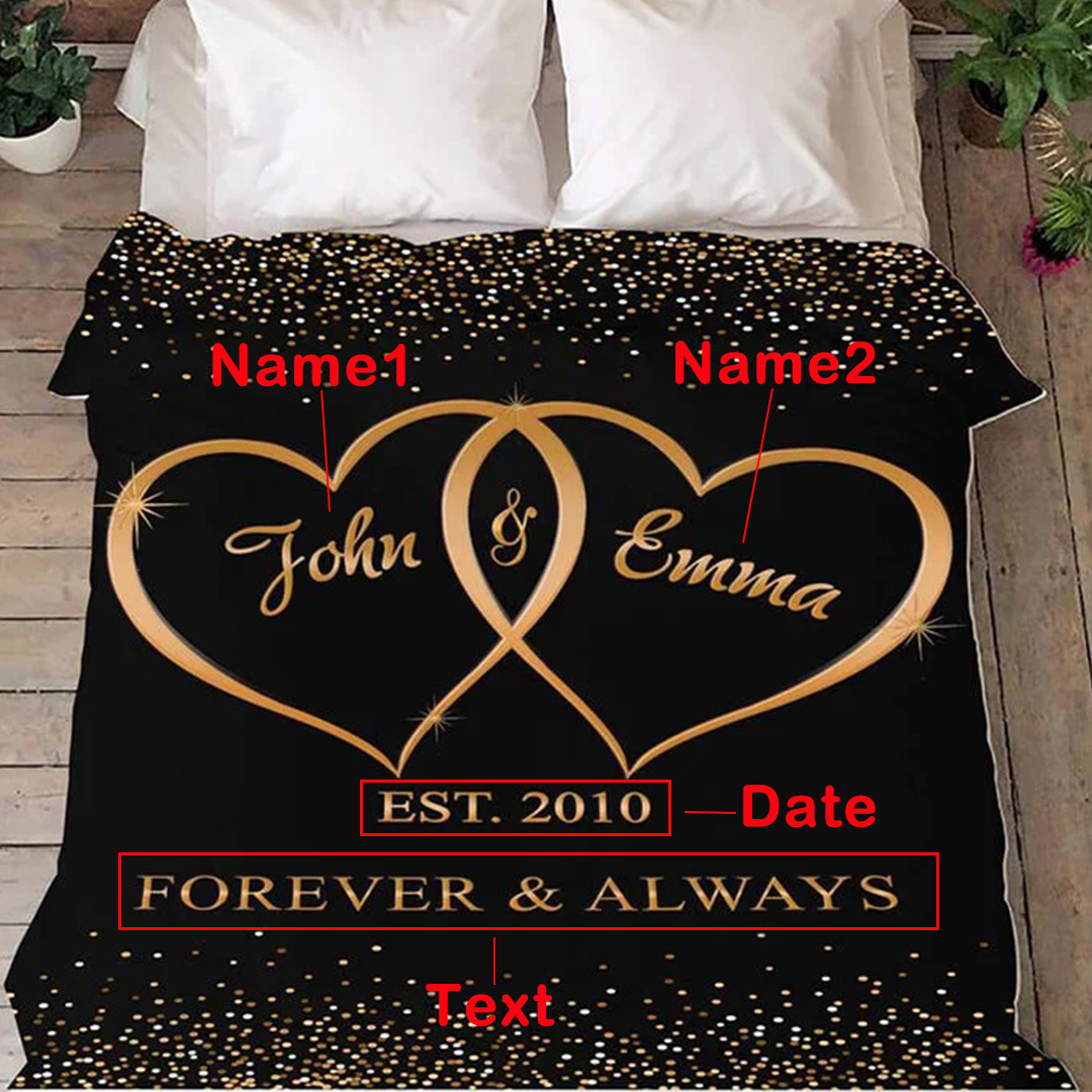 Couple Personalised Soft Throw Blankets With Custom Names and Date - Valentine's Day Gifts for Him Her