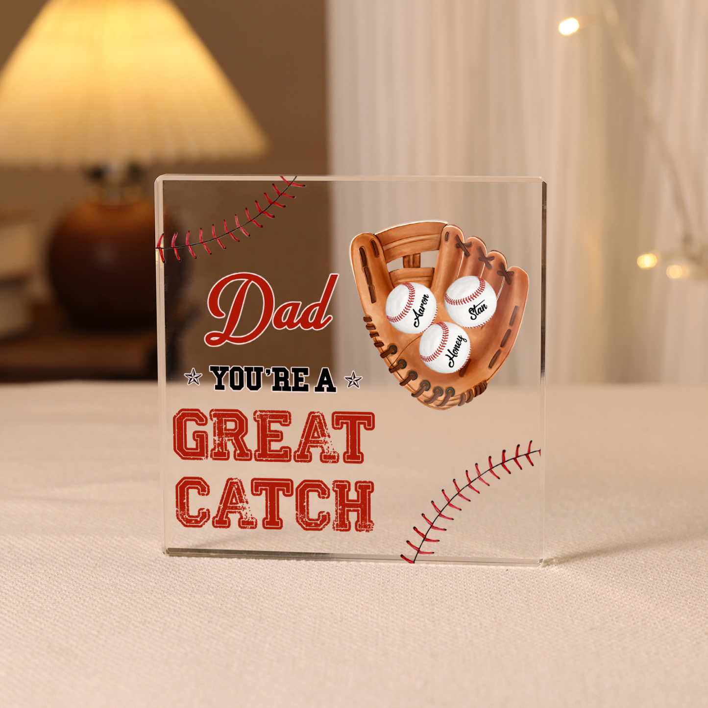 3 Names - Personalised Baseball Acrylic Keepsake Customized Name and Text Acrylic Plaque Ornament Father's Day Gift for Dad