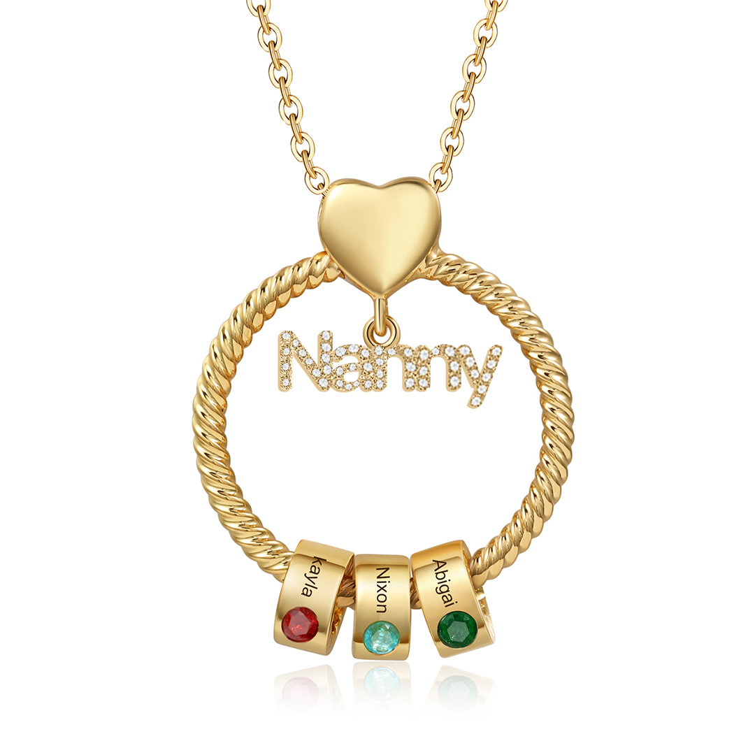3 Names-Personalised Nanny Circle Necklace With 3 Birthstones Pendant Engraved Names Gift For Nanny