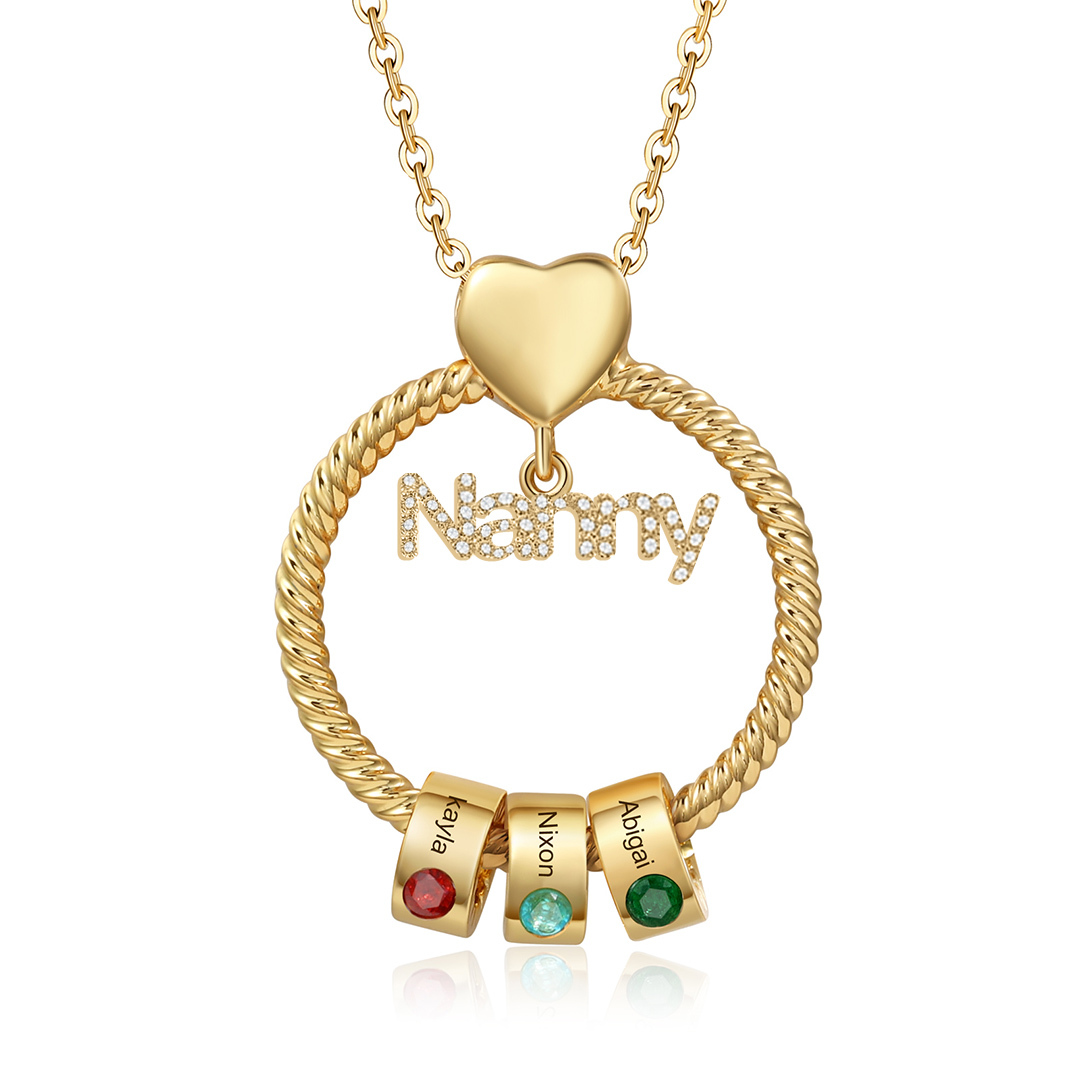 3 Names-Personalised Nanny Circle Necklace With 3 Birthstones Pendant Engraved Names Gift For Nanny