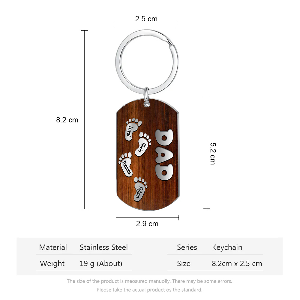 4 Names - Personalised Custom Footprint Pattern Keyring Custom Name and Text Gift for Dad