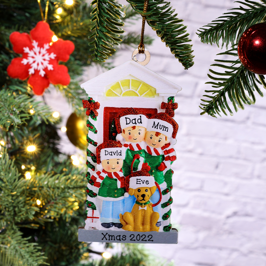 2 Names+Dog Name-Personalised Family Christmas Xmas Tree Decoration Hanging Wooden Ornament with Name-Family with Dog