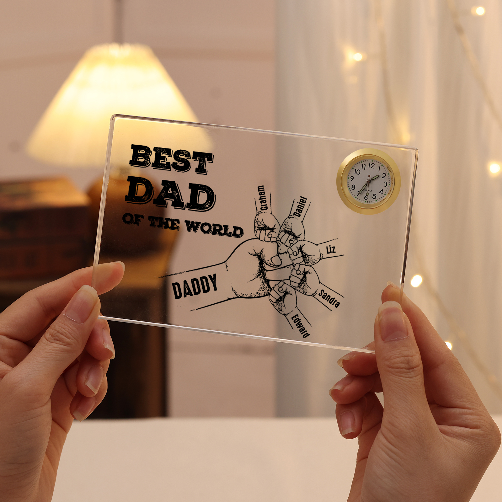 6 Names - Personalised Fist Bump Acrylic Rectangular Clock Ornament Father's Day Gift for Dad