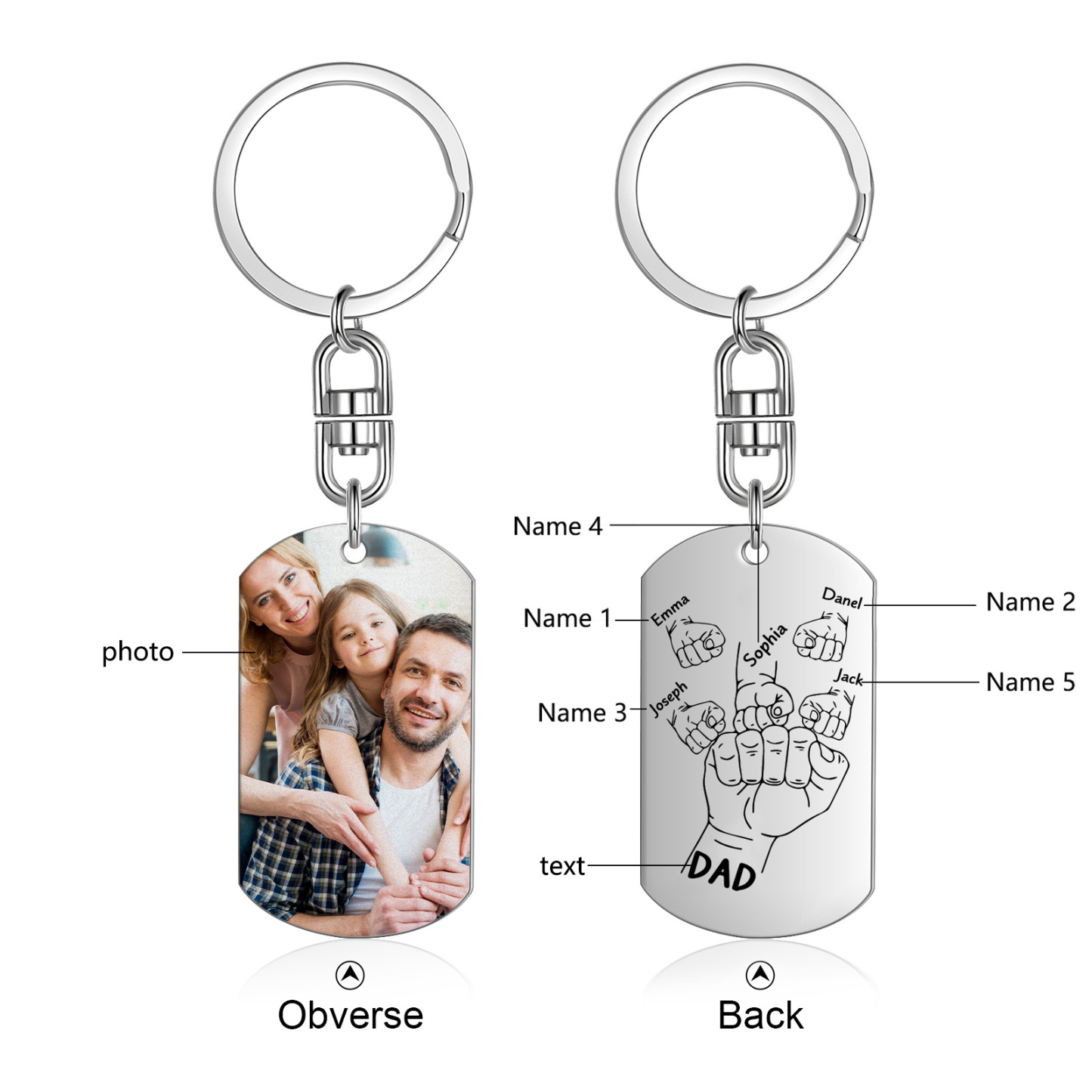 5 Names - Personalised Fist Bump Keyring Customized with Photo and Text Father's Day Gift for Dad