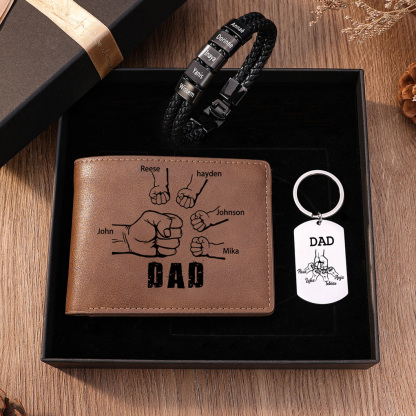 Personalised 5 Names Gift Set Custom Wallet & Bracelet & Keychain Gift Box Set Father’s Day Gifts