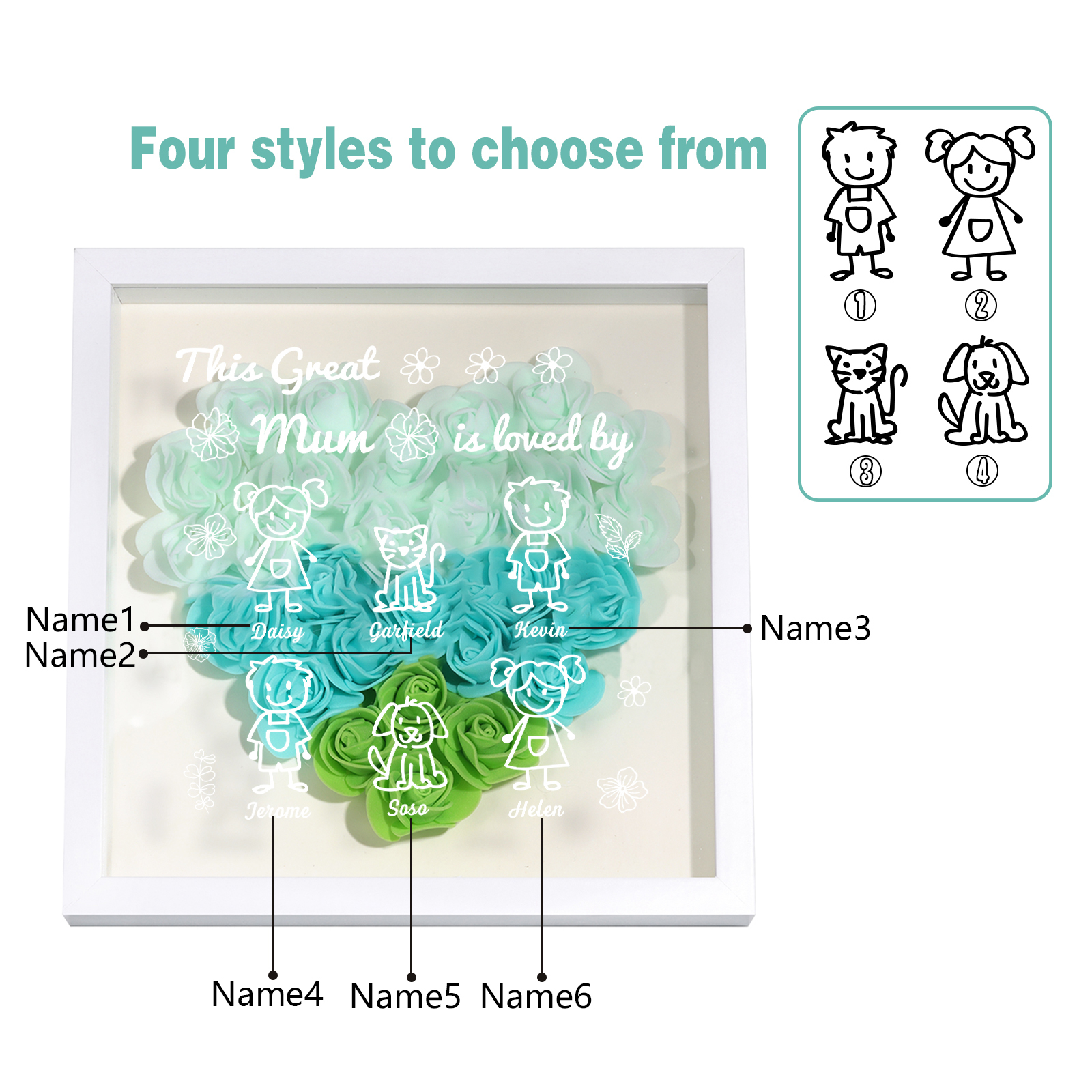 Personalised 3D Floral Shadow Box – Custom 6 Kids&Pets Names –This Great Mum Is Loved By- Gift for Mum, Nan & Loved Ones| Jessemade