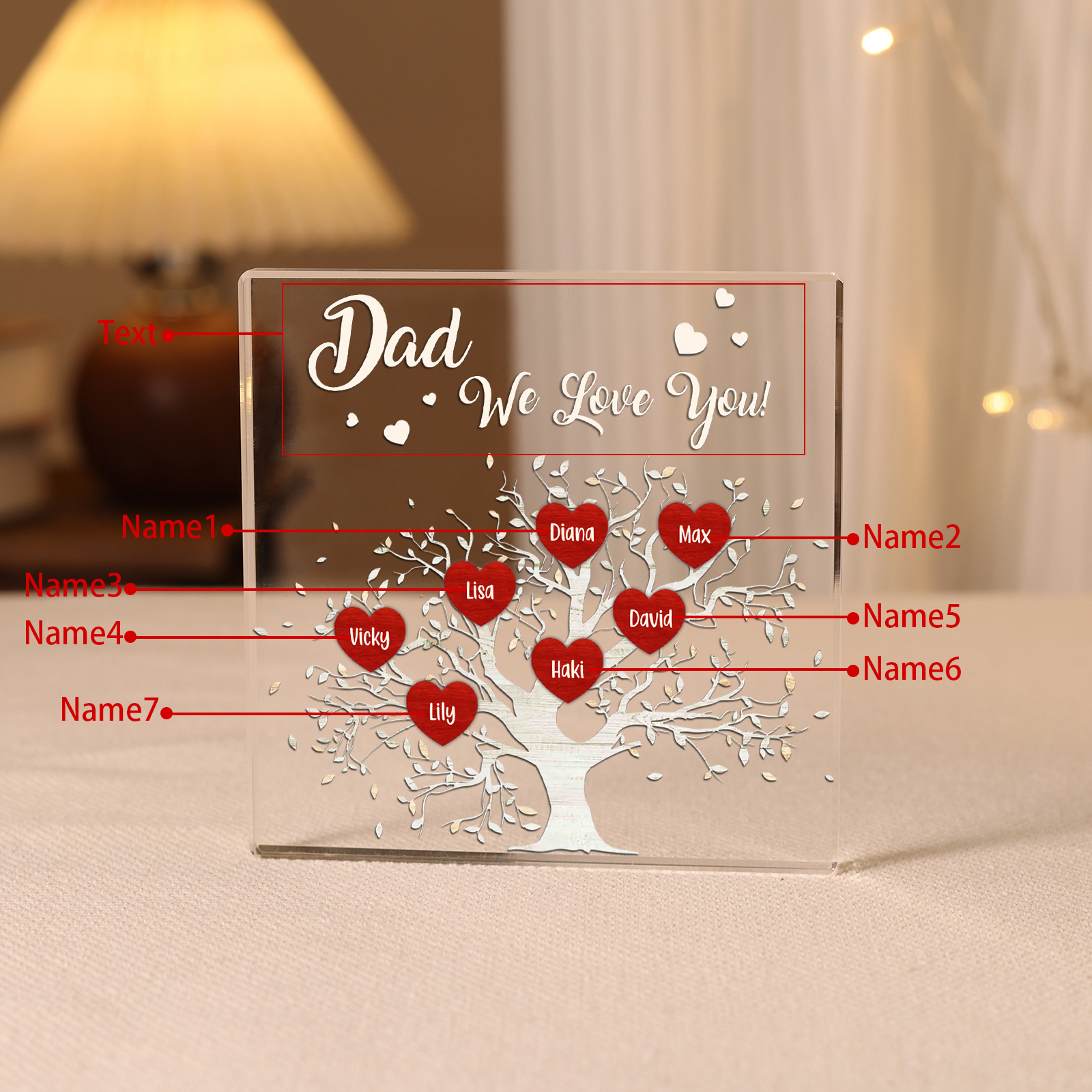 7 Names-Personalised Acrylic Family Tree Keepsake-Custom Text and Names-Acrylic Plaque Home Decoration Gift for Dad/Grandad