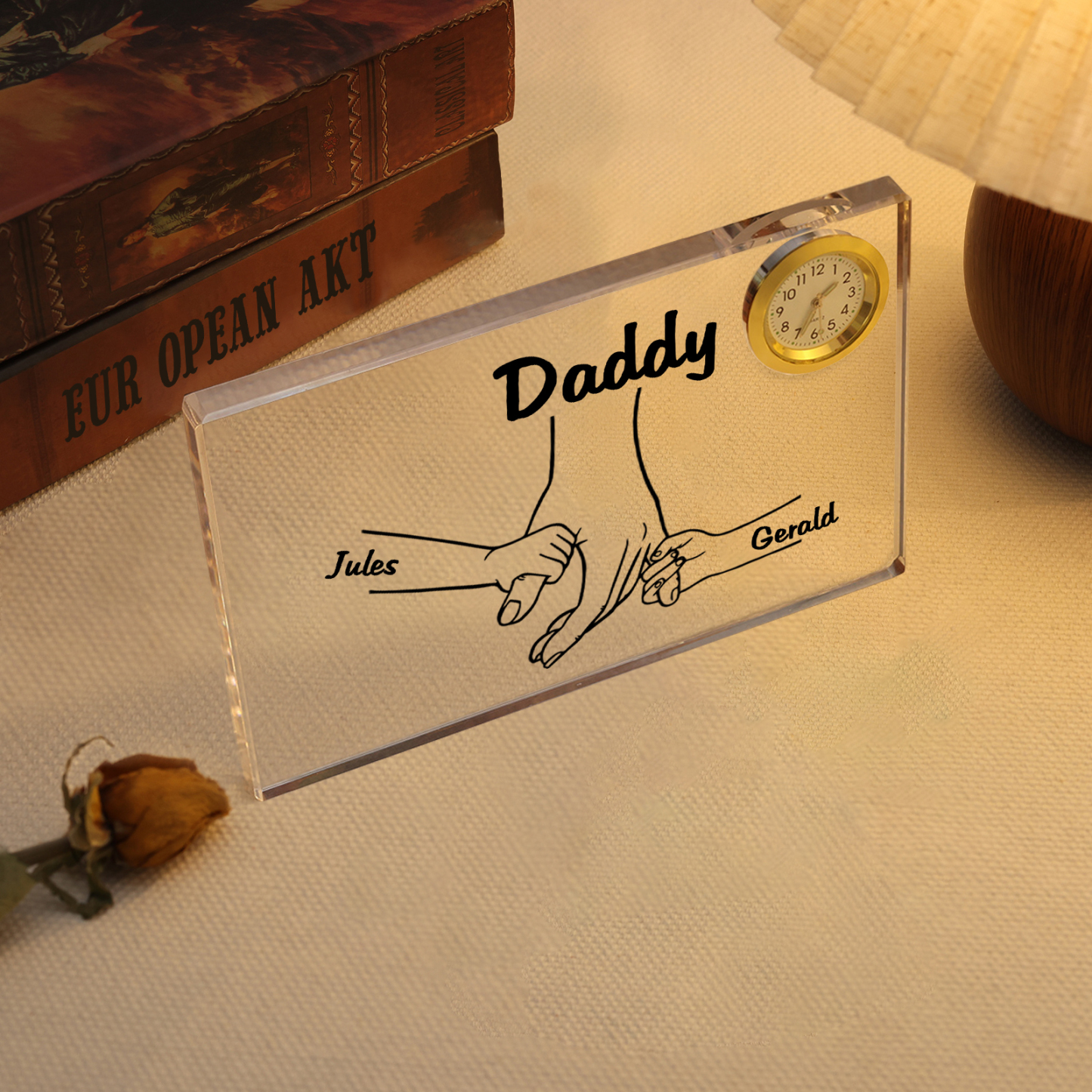 3 Names - Personalised Holding Hands Pattern Custom Name Acrylic Rectangular Clock Ornament Father's Day Gift