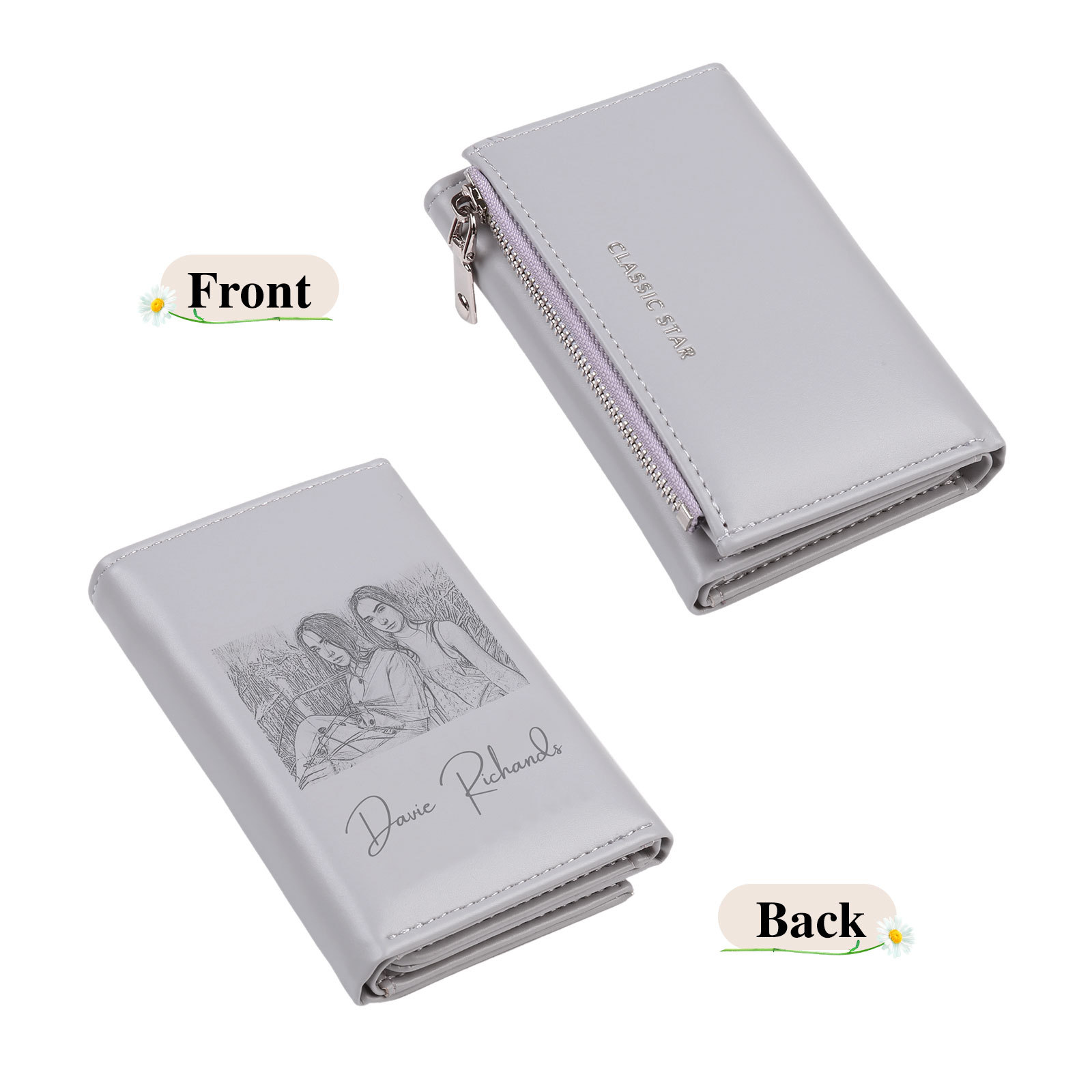 Custom Purse-Personalised Photo Quality Leather Folding Zip Wallet Custom Text Wallet Gift for Her