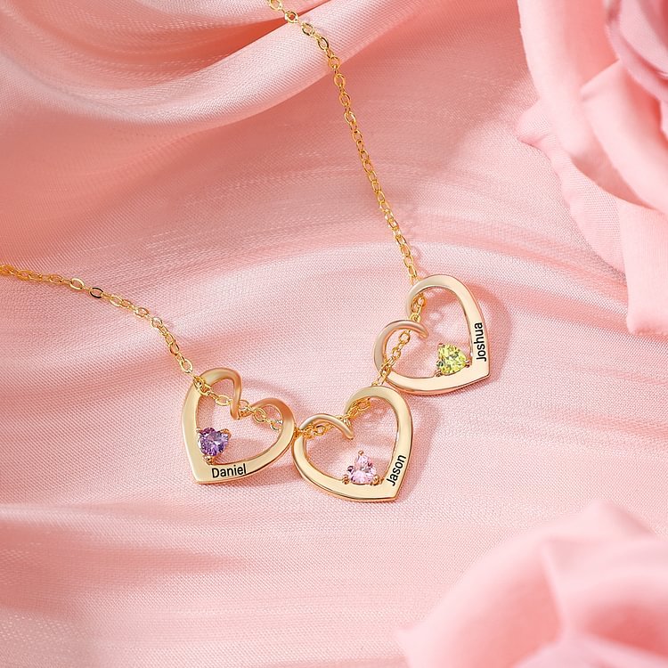 4 Names- Personalised Birthstone Necklace Set with Rose Gift Box - Customized Love Pendant Necklace Engraved Name Gift for Her