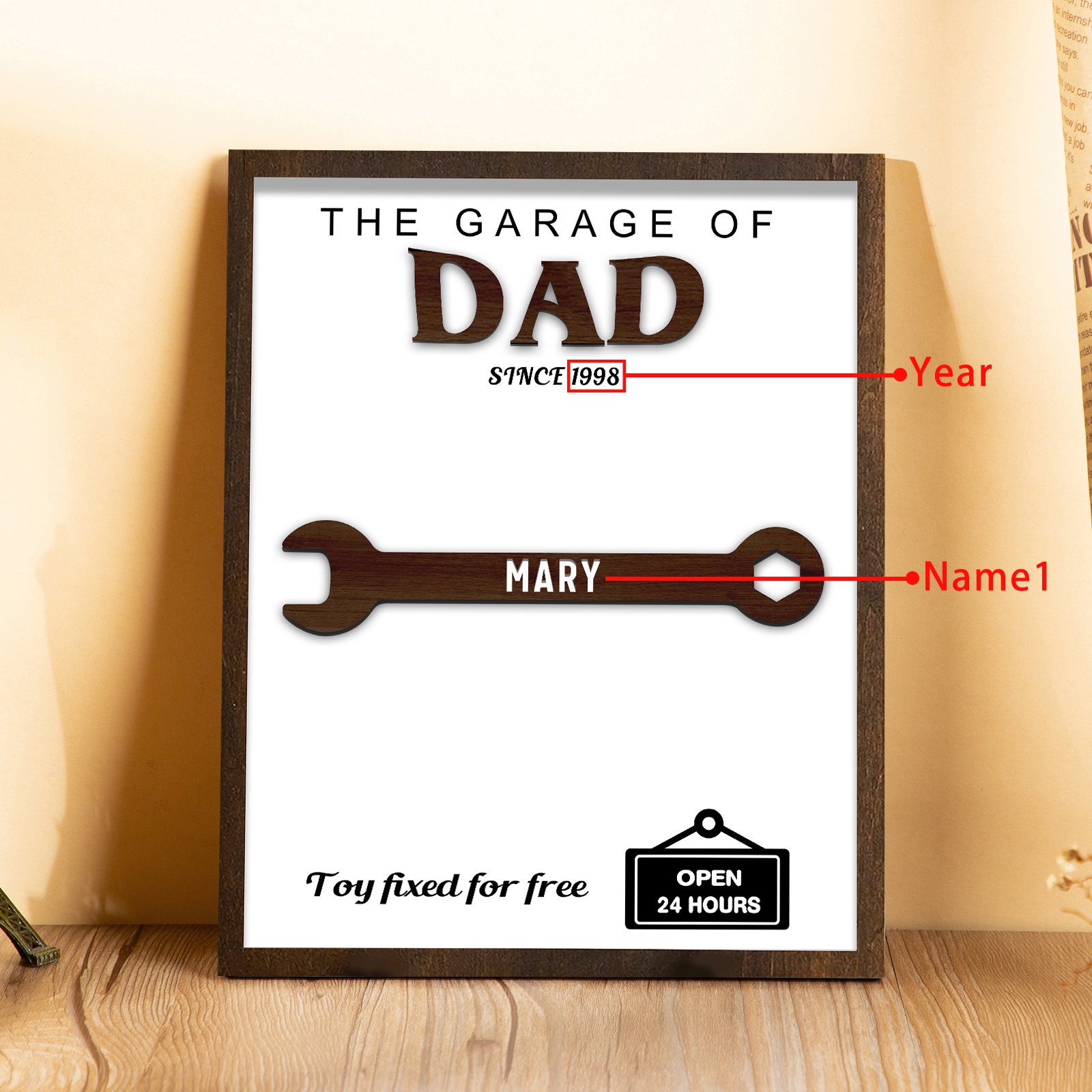 1 Name - Personalised Repair Tool Style Home Photo Frame Wooden Decor Father's Day Gift for Dad
