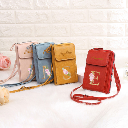 Custom Purse-Personalised Women's Leather Wallet Custom Letter & Name Mobile Phone Wallet Zipper Crossbody Bag