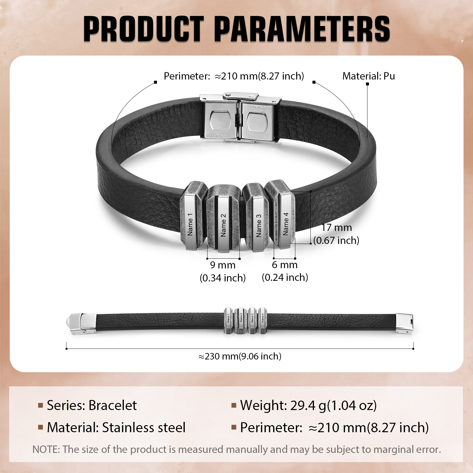 4 Names Personalised Stainless Steel Leather Bracelet Engraved Name Men's Bracelet Gift for Dad