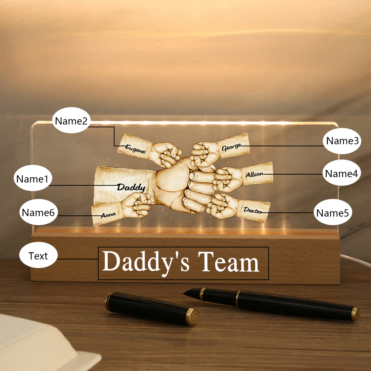 6 Names - Personalised Fist Bump Pattern Table Lamp Customized Text Father's Day Gift for Dad