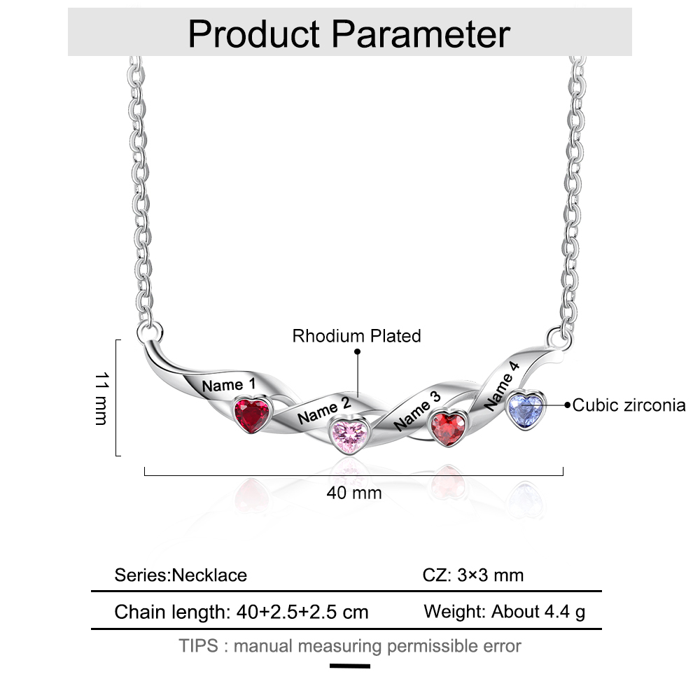 Mother's Day Gifts Customized Spiral Cascading Pendant Necklace with 4 Birthstones Engraving 4 Names