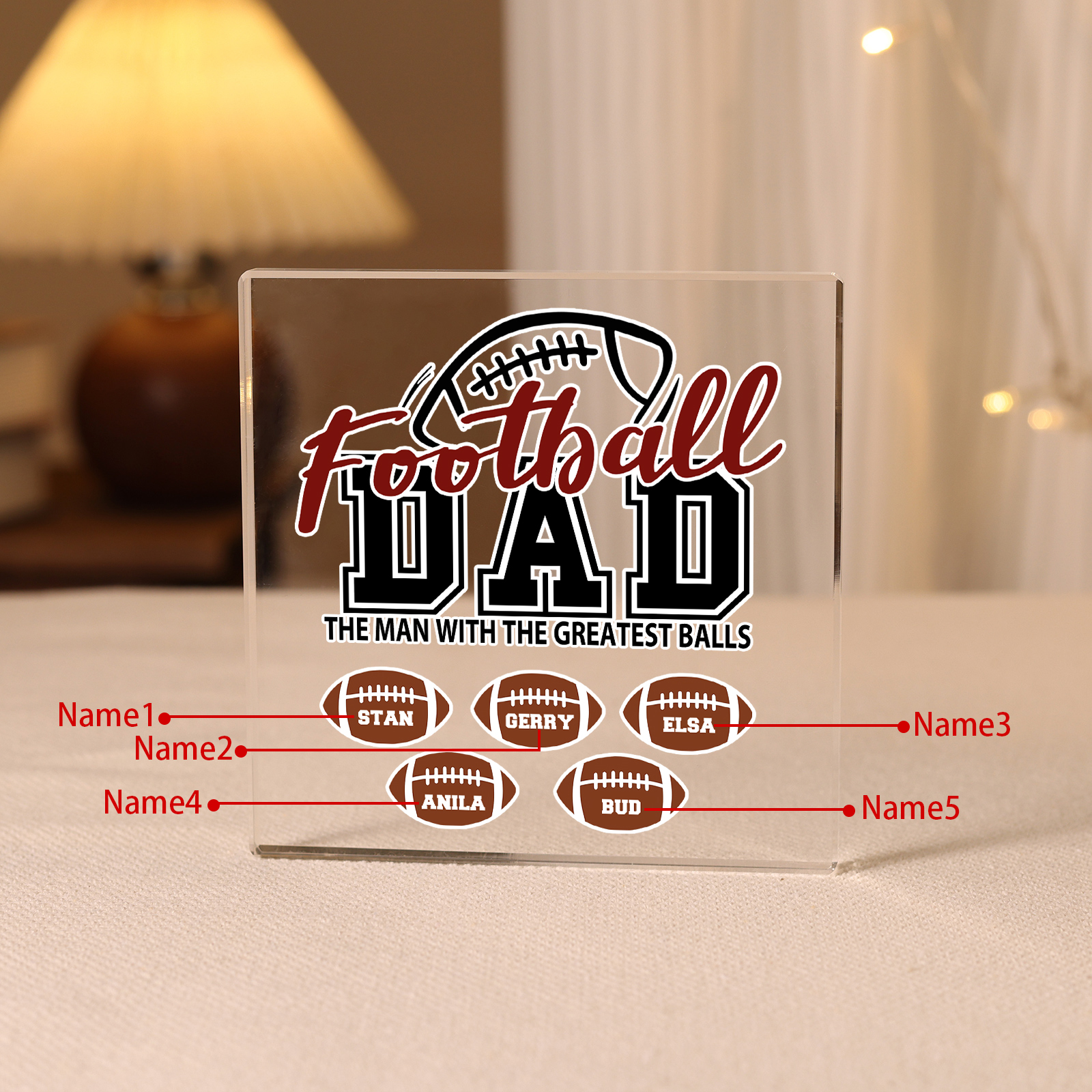 5 Names - Personalised Football Acrylic Keepsake Customized Name Acrylic Plaque Decoration Father's Day Gift for Dad