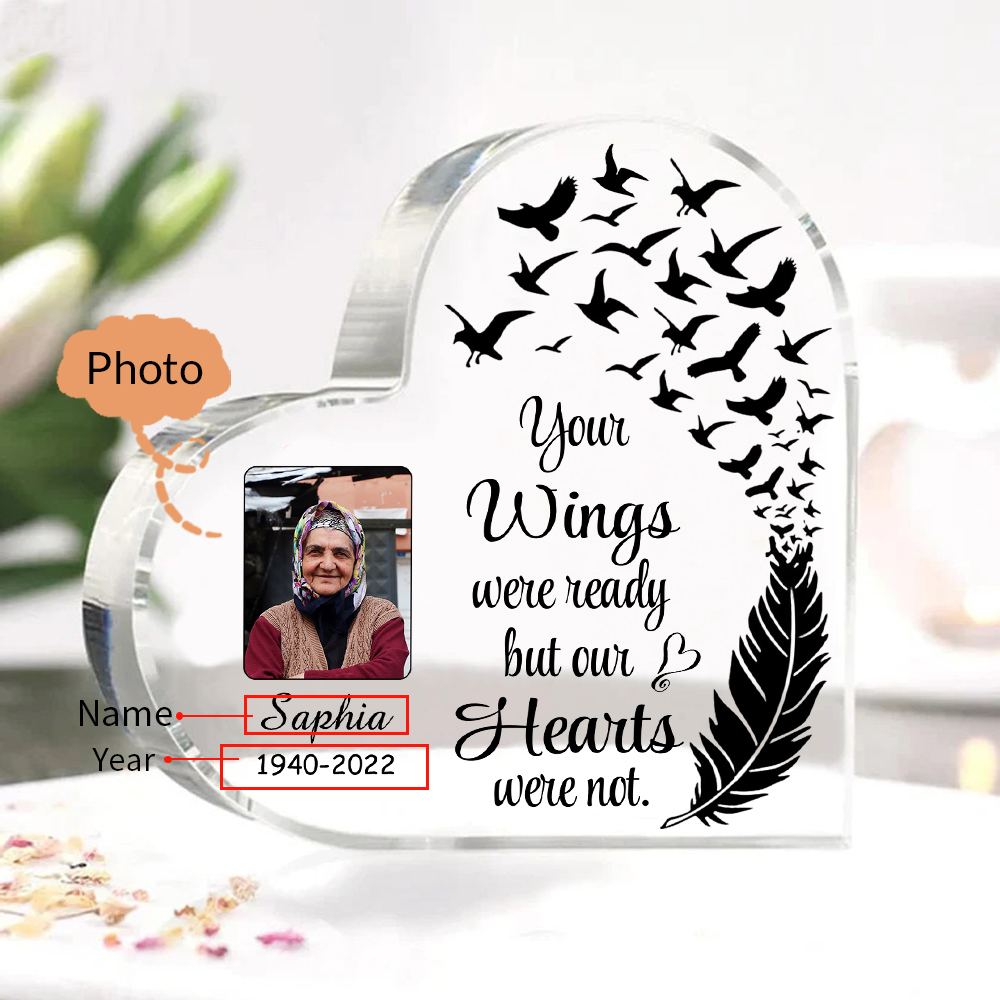 Personalised Memorial Acrylic Heart Keepsake Desktop Photo Ornament-Your Wings Were Ready But My Heart Wasn't-Special Memorial Gift
