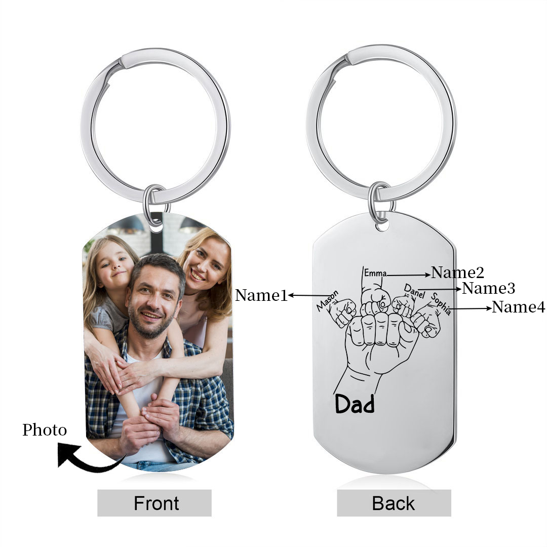 4 Names - Personalised Fist Bump Keyring Custom Photo Father's Day Gift for Dad