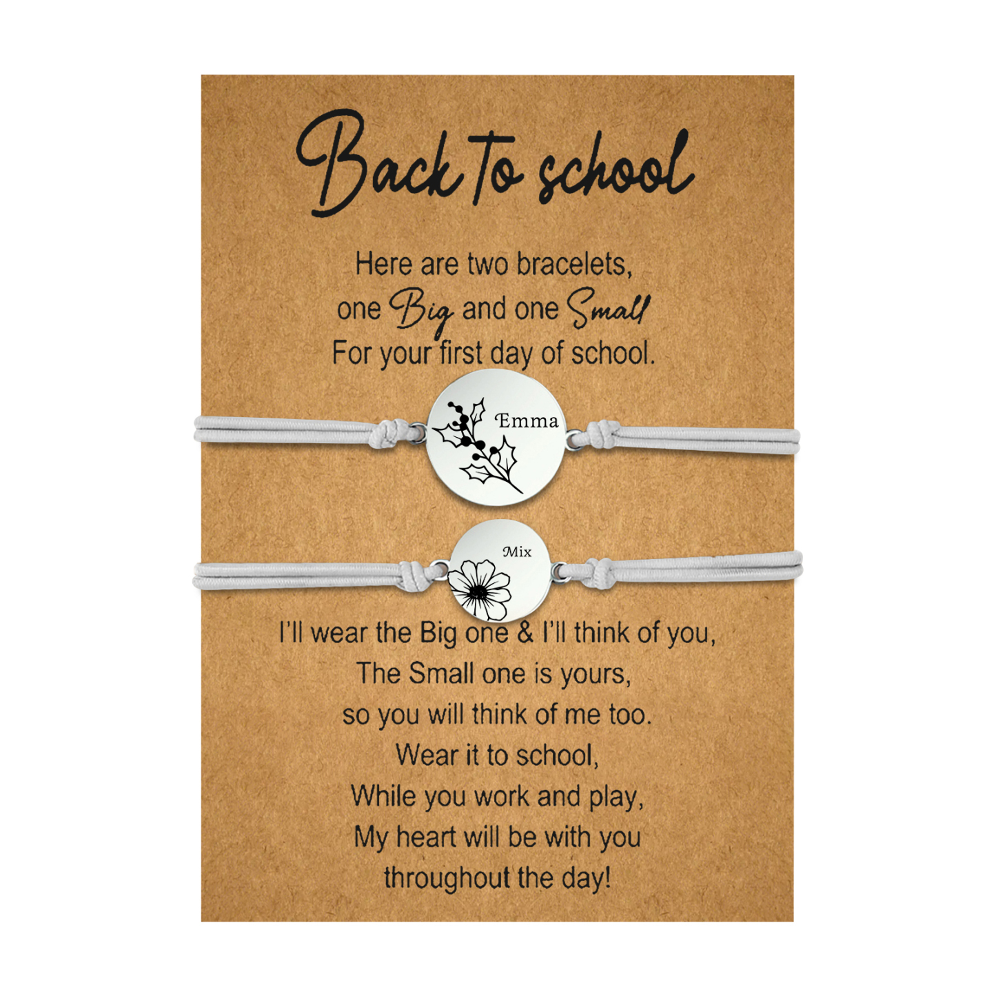 2 PCS Personalized 2 Birthflowers & 2 Names Elastic Stainless Steel Bracelet Back to School Gift for Daughter
