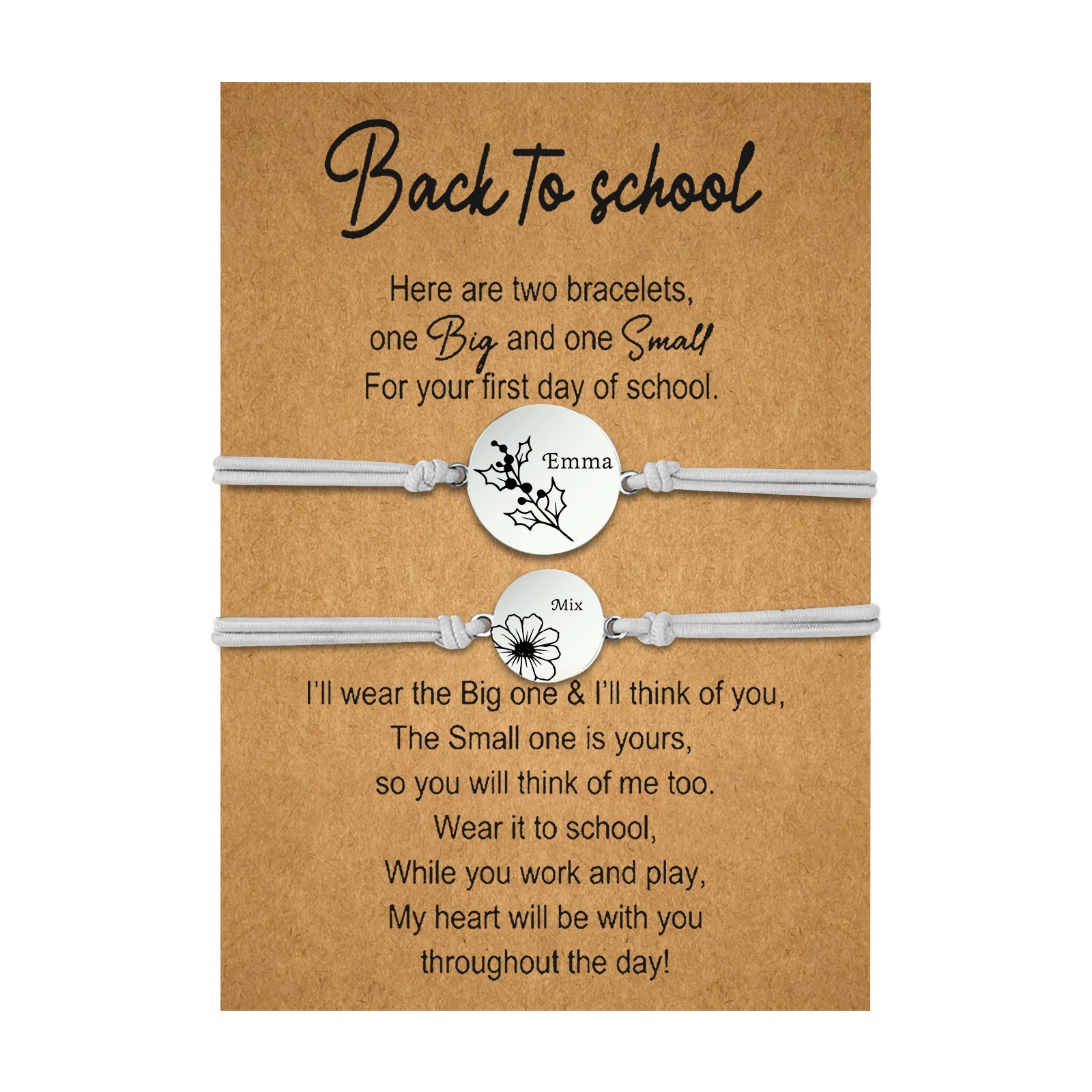 2 PCS Personalized 2 Birthflowers & 2 Names Elastic Stainless Steel Bracelet Back to School Gift for Daughter
