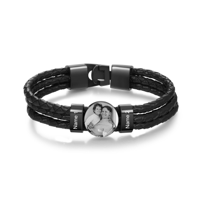 Personalised Braided Leather Bracelet Engraved with 2 Names and Customized 1 Photo Men's Bracelet for Dad