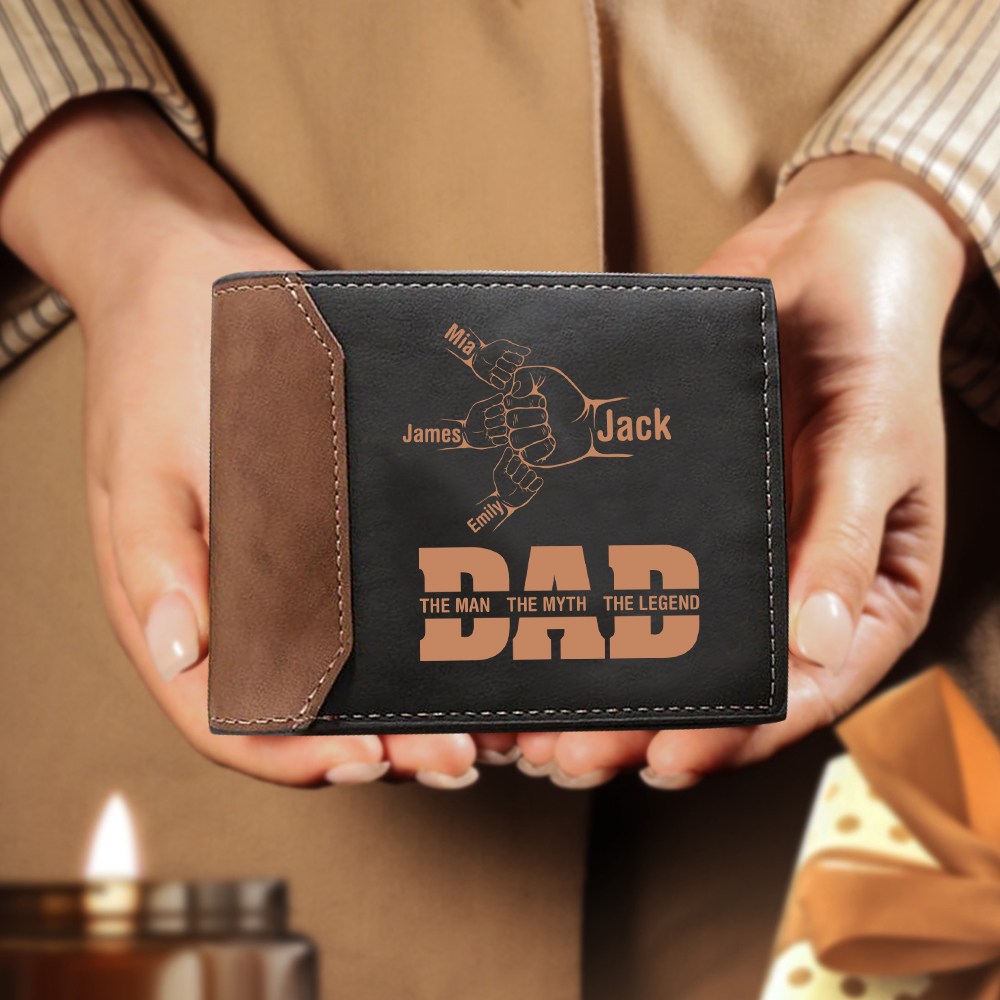 Personalized Men's Leather Wallet Custom 2–9 Names Billfold Wallet Fist Bump Gift for Dad - The Man, The Myth, The Legend