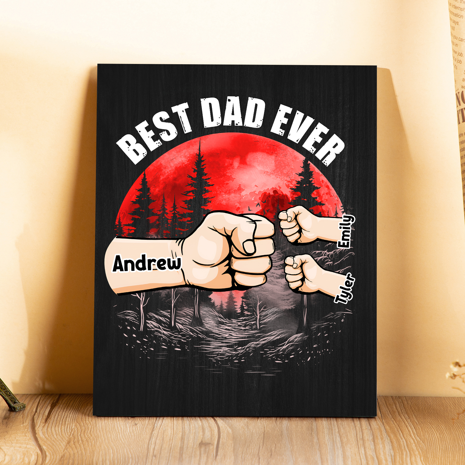 3 Names - Personalised Wooden Ornament Fist Bump Red Forest Style Engraved Name and Text Ornament for Dad