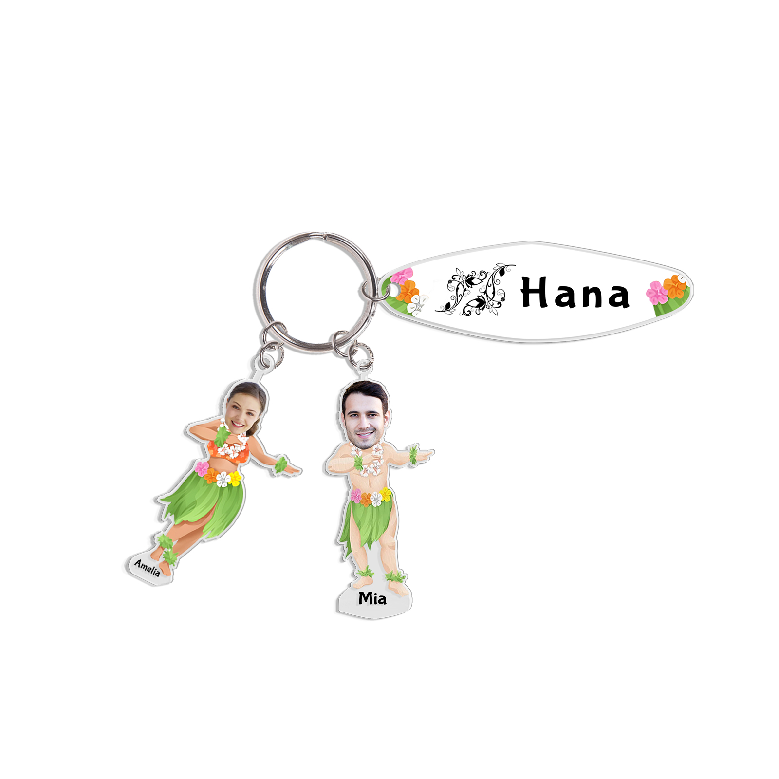 2 Names - Personalised Hawaiian Style Keyring With 2 Photo,2 Name and Text, Gift For Family