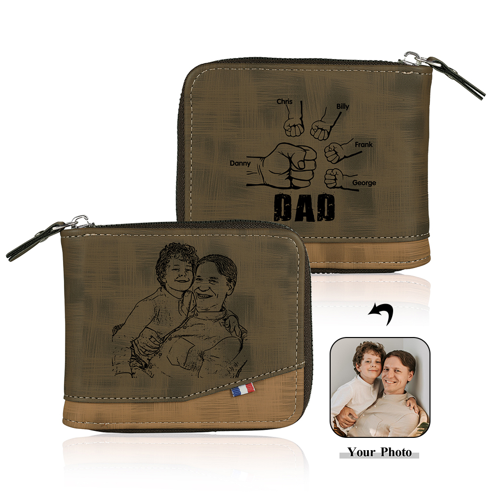 5 Names - Personalised Photo Custom Leather Men's Zipper Wallet as a Father's Day Gift for Dad