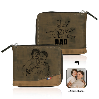 5 Names - Personalised Photo Custom Leather Men's Zipper Wallet as a Father's Day Gift for Dad