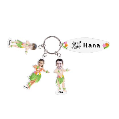 3 Names - Personalised Hawaiian Style Keyring With 3 Photo,3 Name and Text, Gift For Family