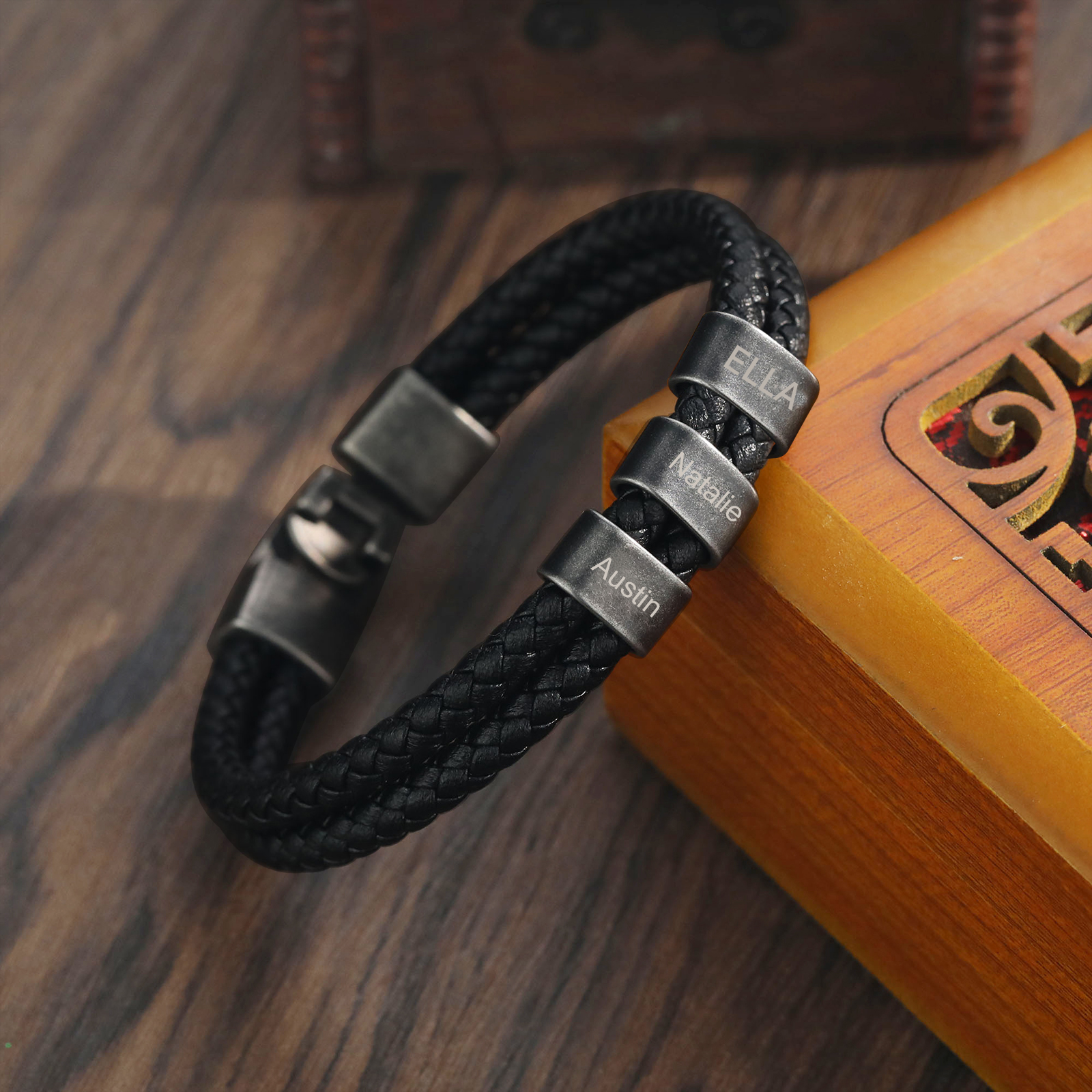 Personalised Retro Men Leather Bracelet with 2-5 Names Beaded Wrap Bracelet | Jessemade