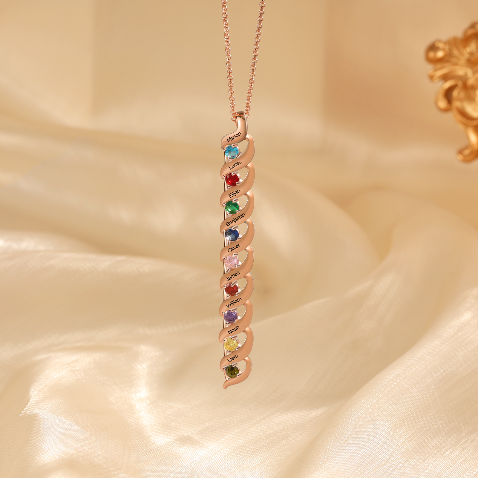 9 Names-Personalised Birthstones Necklace Set With Rose Gift Box-Custom Cascading Pendant Necklace Engraving 9 Names Gifts for Her