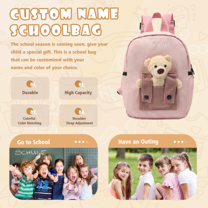 Personalised Bear School Bag Custom Name Canvas Backpack Back To School Gift for Kids