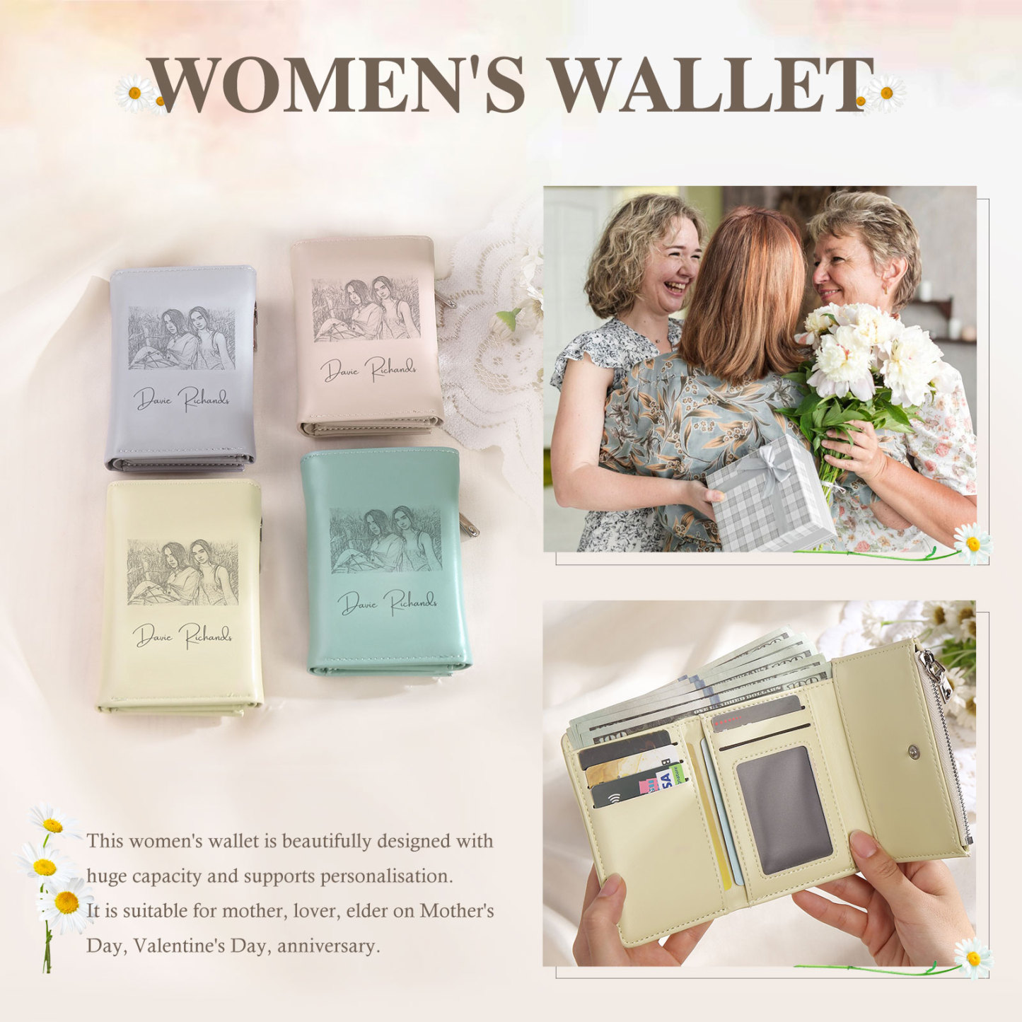 Custom Purse-Personalised Photo Quality Leather Folding Zip Wallet Custom Text Wallet Gift for Her