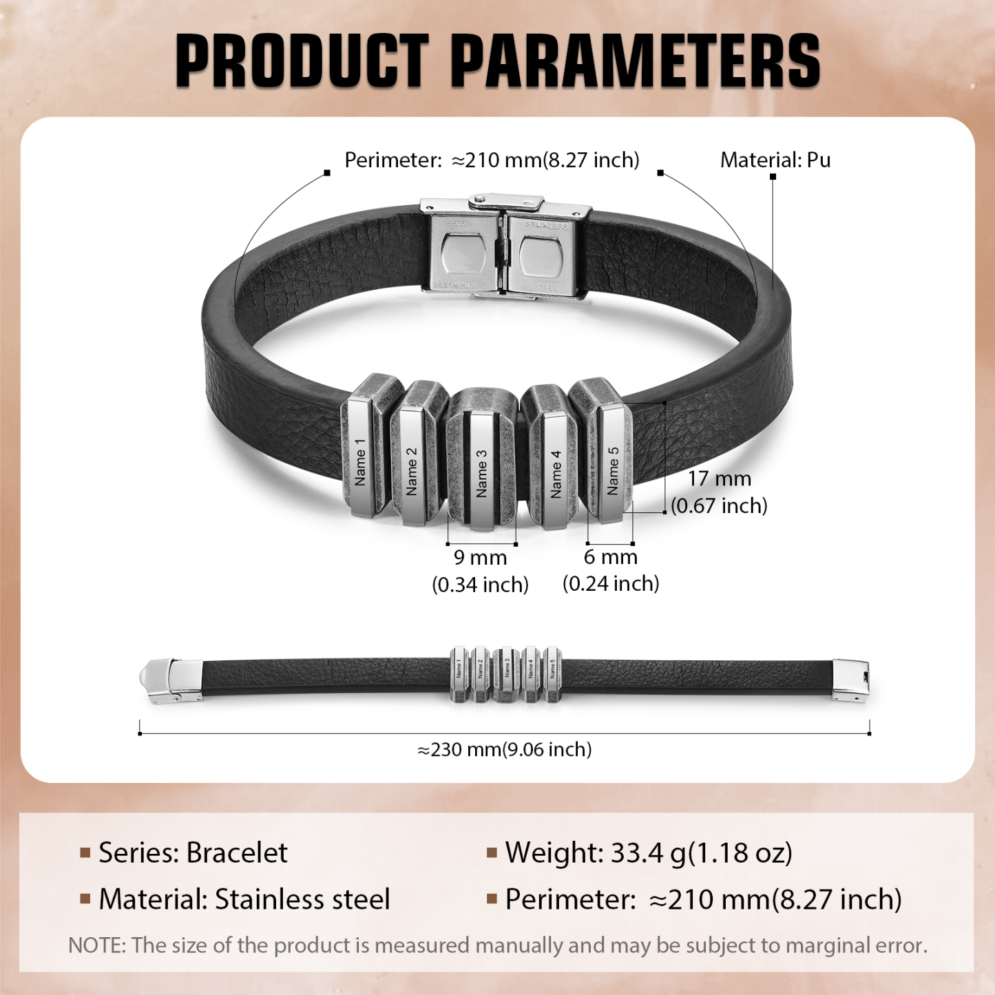 5 Names Personalised Stainless Steel Leather Bracelet Engraved Name Men's Bracelet Gift for Dad