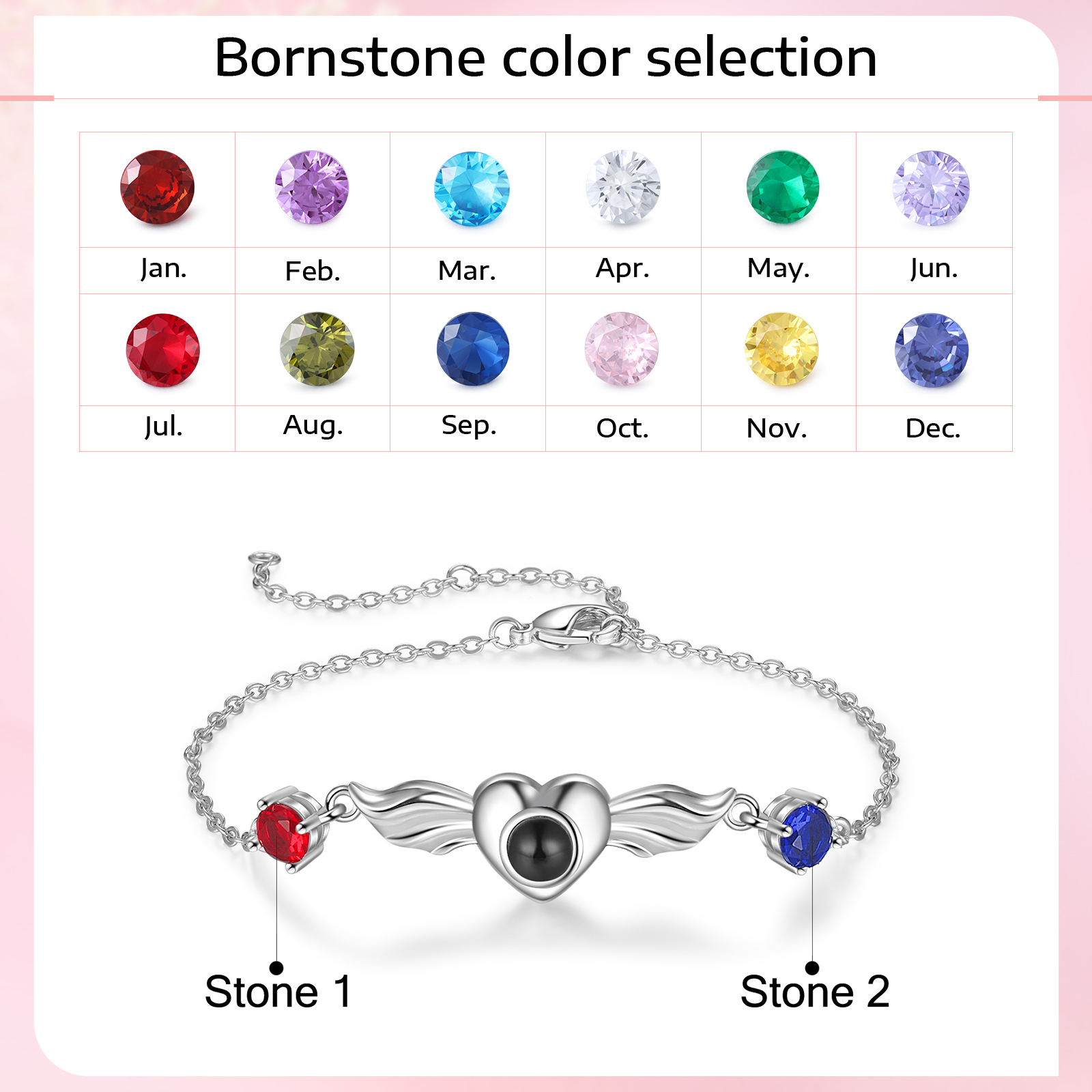 Personalised Photo Stone Projection Heart Bracelet with 2 Birthstones