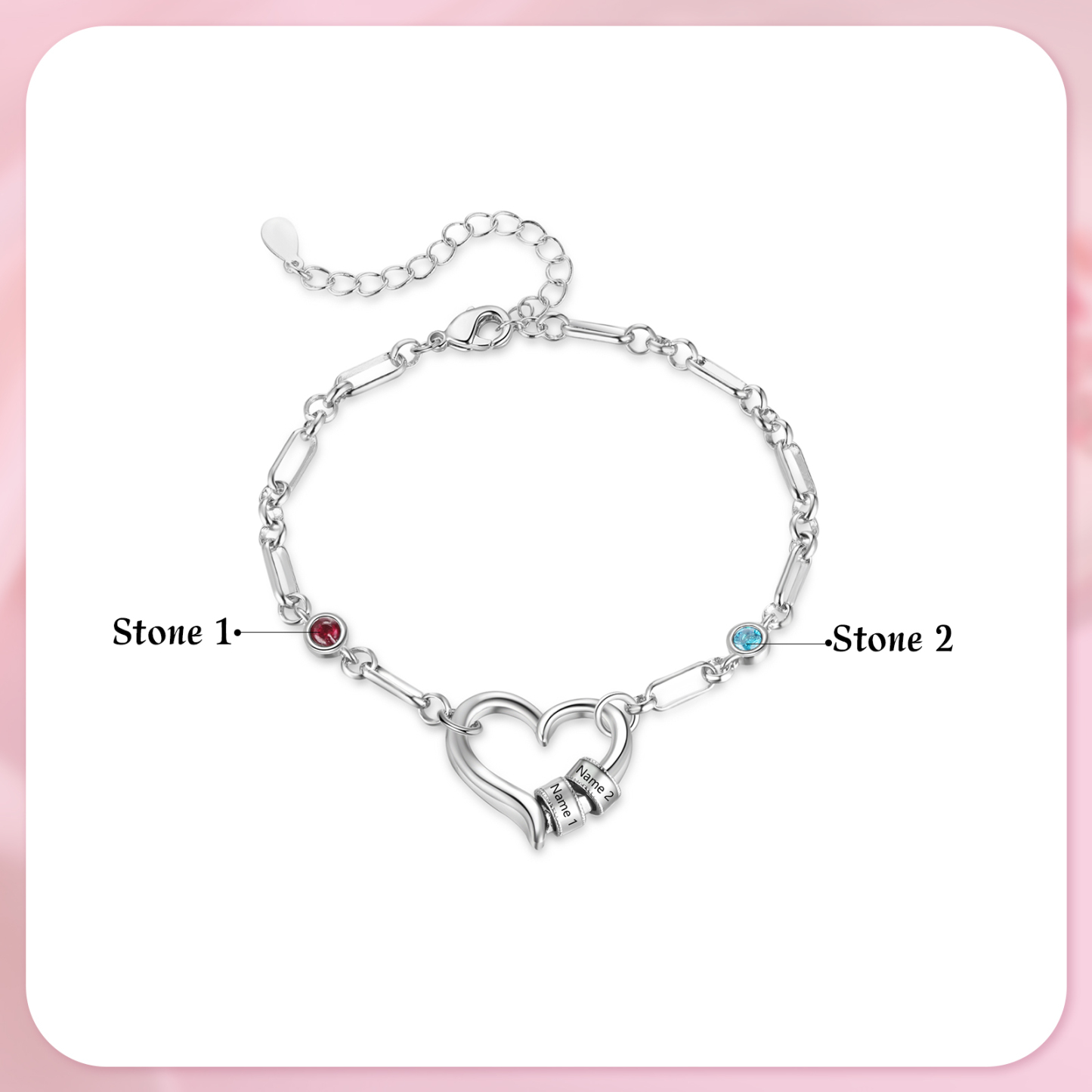 Personalised Adjustable Heart Link Birthstone Bracelet