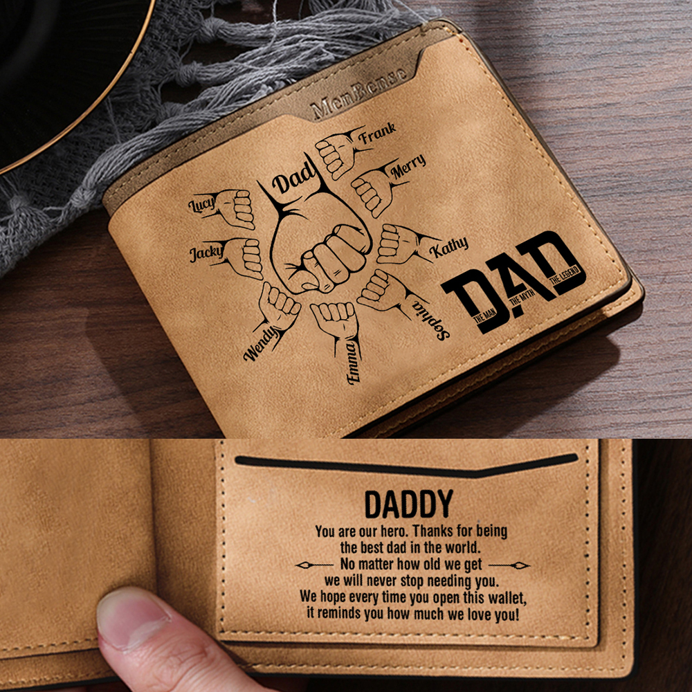 9 Names - Personalised Fist Bump Pattern Custom Name Leather Men's Wallet as a Father's Day Gift for Dad