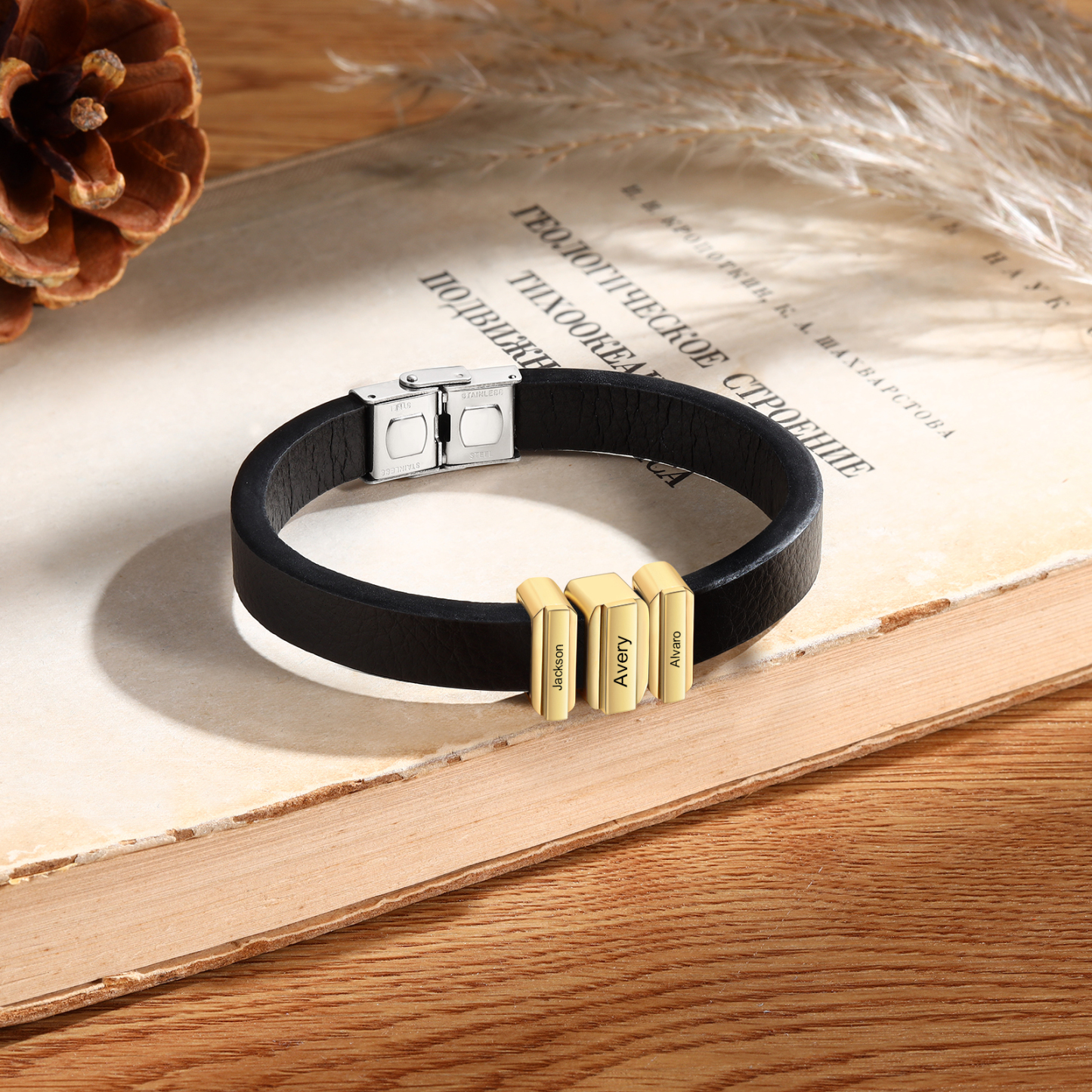 3 Names Personalised Stainless Steel Leather Bracelet Engraved Name Men's Bracelet Gift for Dad