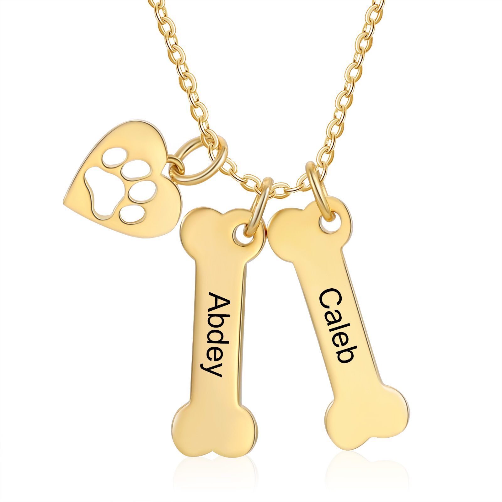 2 Names - Personalised Heart and Bones Charm Pendant Necklace, Custom Name Gift for Her