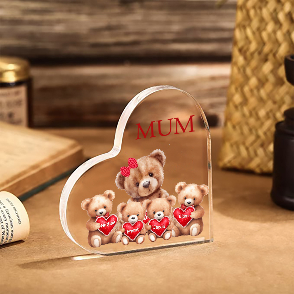4 Names-Personalised Mum Acrylic Heart Keepsake Custom Text Love Teddy Bear Ornaments Gifts Set With Gift Box for Grandma/Mother
