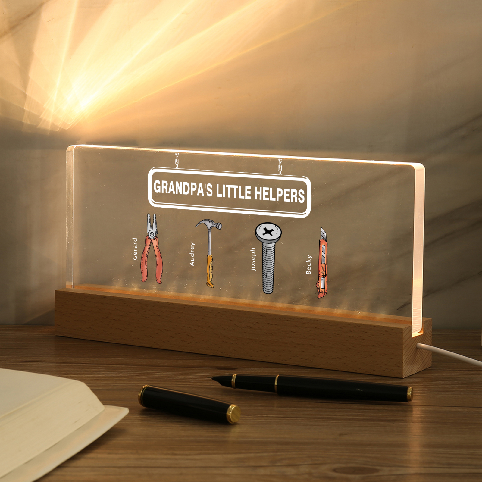 4 Names - Personalised Repair Tool Pattern Table Lamp Customized Text Father's Day Gift for Grandad/Dad